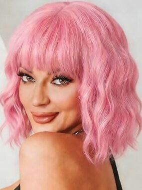 Pink Short Wavy Wig with Bangs - Women Hair
